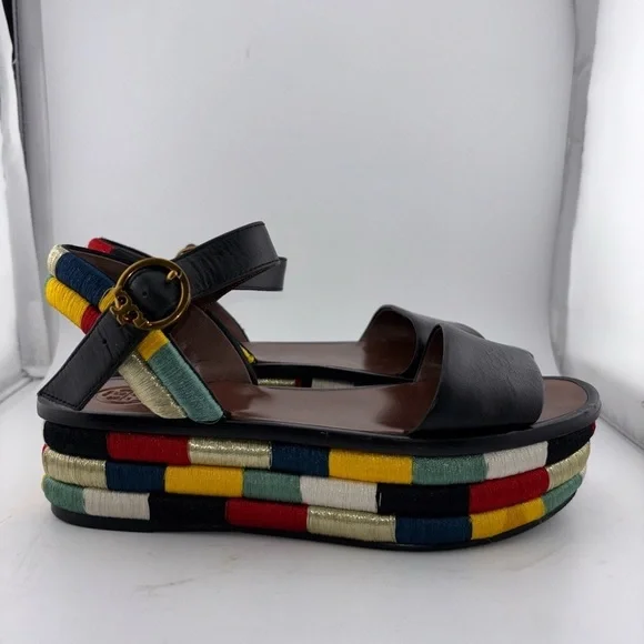 Tory Burch Leather Camilla Embroidered Platform Ankle Strap Sandals Size 5​​​​​ - Picture 10 of 16